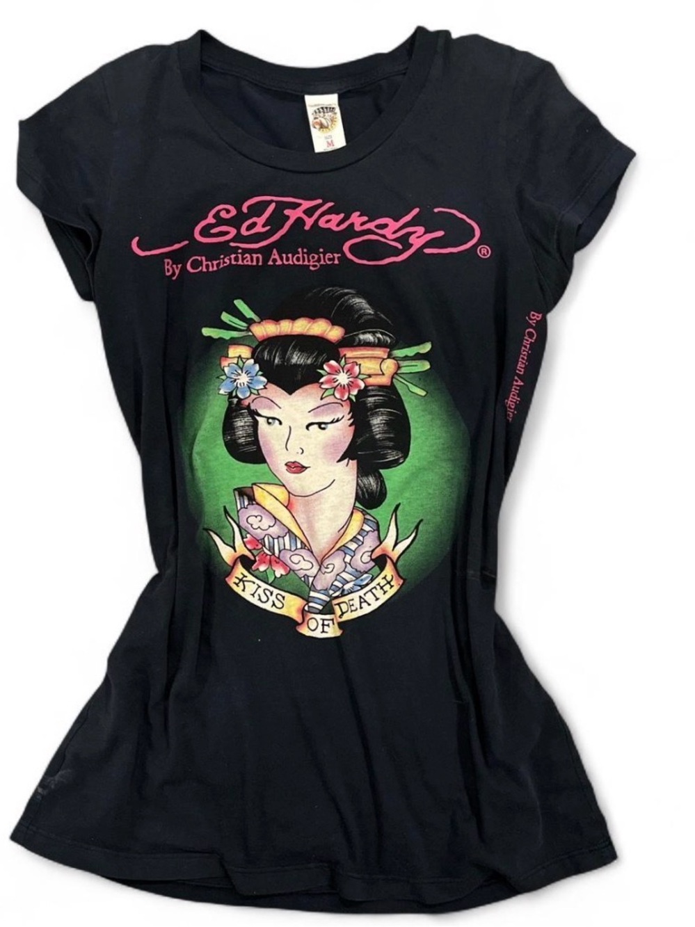 ISO! Ed Hardy Geisha Tee or Tank With Logo “Kiss of Death” S or M!
